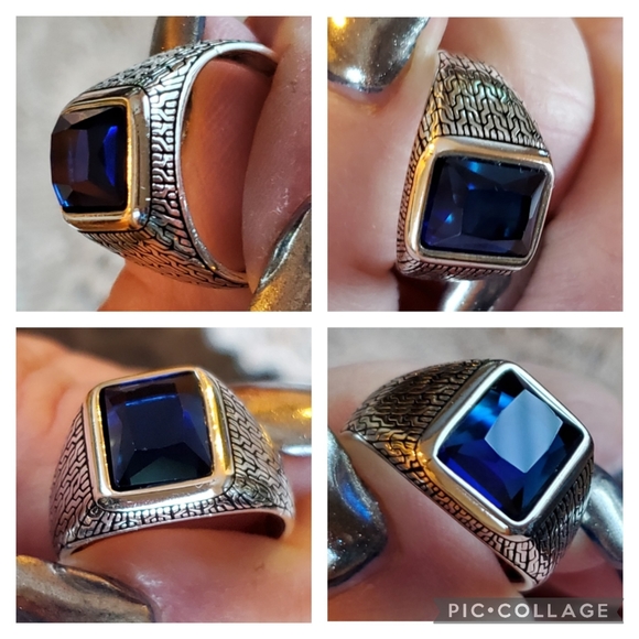 Genuine 4ct Multi-faceted Blue Sapphire Ring Size 10 - Picture 5 of 8